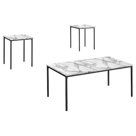 Monarch Specialties Table Set, 3pcs Set, Coffee, End, Black Metal, White Marble Look Laminate, Contemporary, Modern I 7892P